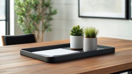Poster - Modern workspace with tray, documents, and plants showing efficiency and organization
