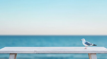 Aufkleber - Seagull standing on white table near beach with blurred ocean in background