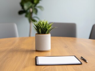 Poster - Notepad and pen placed on a meeting table in a modern office