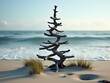 © SwathiFX - A weathered tree stump on a beach, with a unique shape and a serene ocean backdrop
