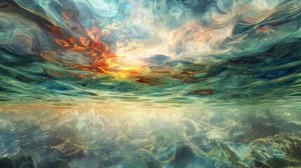 Wall Mural - abstract underwater scene with vibrant sunset colors and swirling textures.