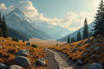 Poster - A serene mountain landscape with a wooden path leading to the peaks