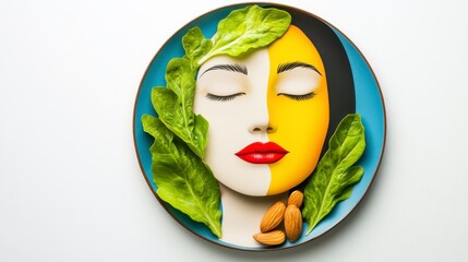 Artistic Plate Design with Face Made of Food Elements and Colors