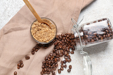 Wall Mural - Composition with body scrub and coffee beans on light background