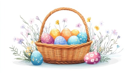 Wall Mural - Easter basket with colorful eggs and wildflowers.