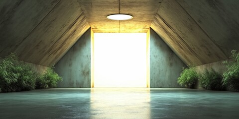 Poster - Serene Minimalist Interior with Soothing Light and Greenery in an Architectural Space Design