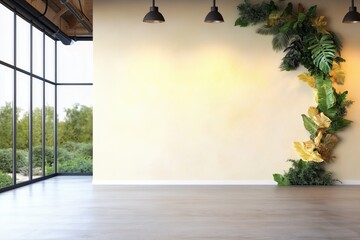 Poster - Modern Empty Room with Large Windows and Greenery Decor on Wall for Calm and Serene Ambiance