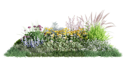 Wall Mural - 3d rendering illustration nature meadow bush on lawn grass field beautiful plant on isolate backgrou