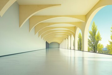 Poster - Modern Architectural Interior with Arched Ceilings and Lush Green Trees in Bright Natural Light