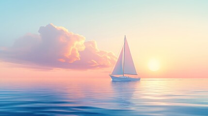 Poster - Serene sailboat at sunset, calm ocean, pastel sky.