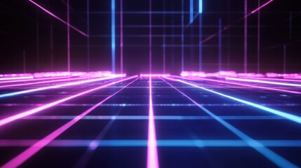 Poster - Neon Grid Highway Digital Data Flowing, Futuristic Background