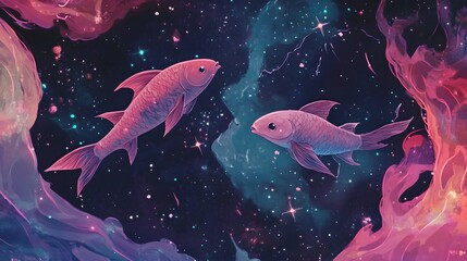 Wall Mural - two pink fish swim through cosmic nebula