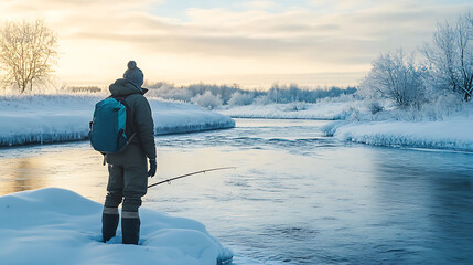 Sticker - Magnet fishing on an icy river, dramatic winter setting with snow-covered banks