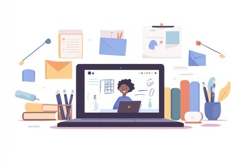 Poster - Online student video conference, study desk, learning