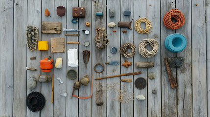 Wall Mural - Magnet fishing haul laid out on a dock, including relics, coins, and everyday objects, storytelling vibe