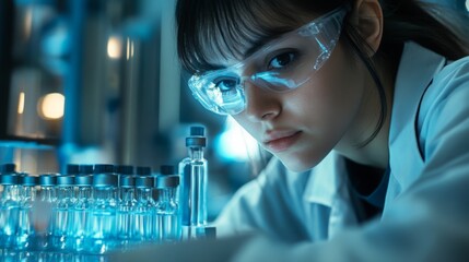 Fototapete - A woman in a laboratory wearing safety glasses examines glass vials under blue lighting. She is focused on her task, showcasing precision in a modern research setting.