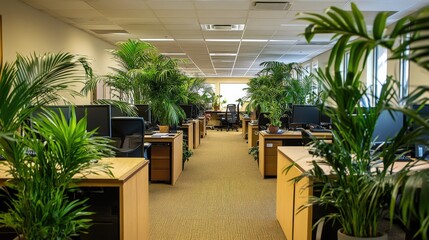 Poster - office building with a well-organized open office plan, neat desks, and lush plants placed throughout the space to improve air quality and productivity
