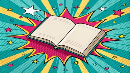 Open Book Pop Art Composition Teal Background, Comic Book Style, Exploding Design, Stars Pop Art, Book Illustration