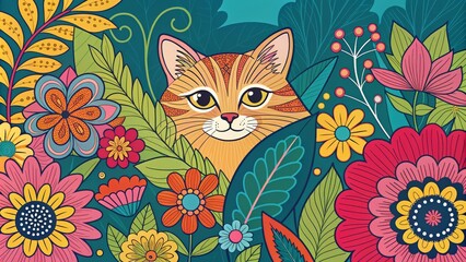 Naklejka na meble Orange Cat Hidden in Vibrant Floral Garden, Digital Illustration, Colorful Flowers, Cat Art, Zentangle Cat Illustration, Floral Design