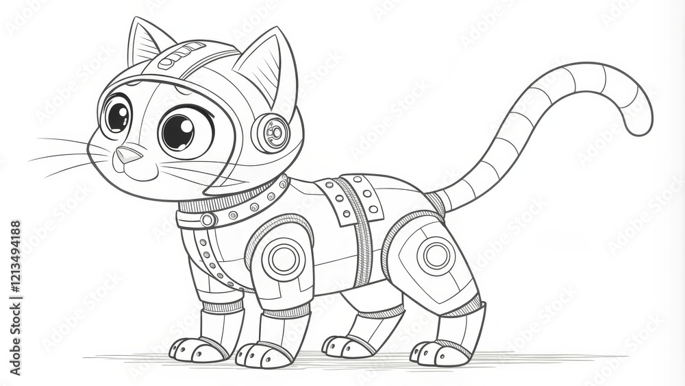Steampunk Cat Robot Line Art Coloring Page, Cute Kitten Design ...