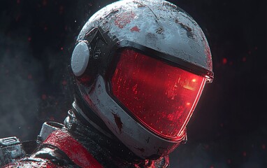 Poster - Damaged astronaut helmet with red glow.