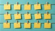 © Ruby - Yellow Sticky Notes on Clothesline, Turquoise Background, Reminder Concept, Notepad, Memo Notepad, Memo
