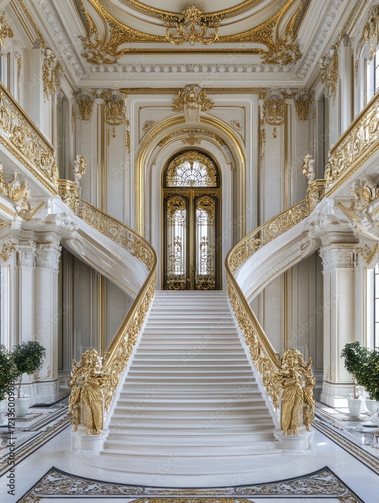 Grand Palace Staircase opulent interior, gold accents, marble floor ...