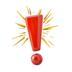 Aufkleber - A vibrant red exclamation point with golden rays bursts around it against a black background.