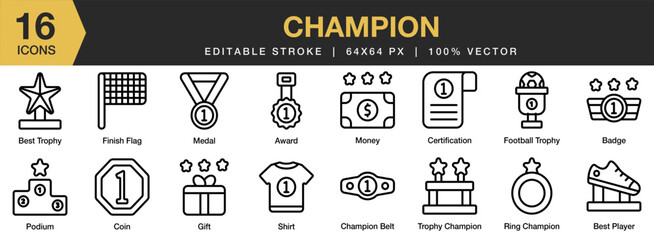 Wall Mural - Champion icon set. Editable Stroke Icon Collection. Includes champion, competition, award, cup, achievement, winner, and More. Outline icons vector collection.