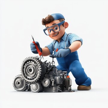 Cartoon Mechanic Repairing Engine Gears