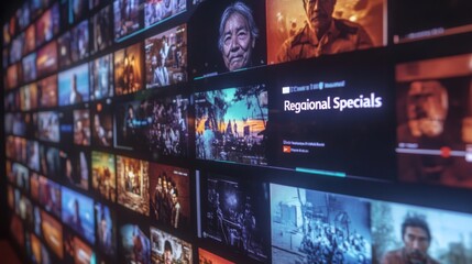 a wall of screens displaying a variety of video content. one screen is highlighted with the words 'r