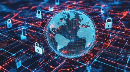 Poster - Global network security; data protection; digital lock; circuit board background; cybersecurity concept