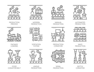 Leinwandbilder - Mechanic robot manufacture, automatic and manual mass production, vector line icons. Robotic automated production line with manufacture robot conveyors and factory machine technology linear pictograms