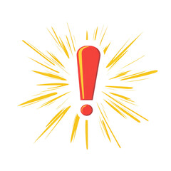 Aufkleber - A stylized red exclamation mark is displayed against a bright yellow sunburst background, symbolizing an urgent alert or warning.