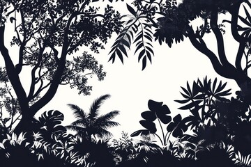  A wild forest scene with layered silhouettes of tropical trees and plants, perfect for nature-inspired designs.