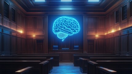 Glowing brain outline in a modern courtroom setting 
