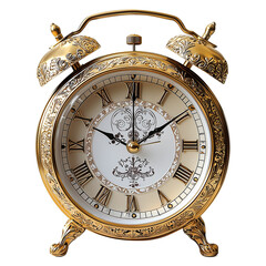 Elegant Gold Vintage Alarm Clock Timepiece Design art home rome face dial bell isolated on transparent or white background, png