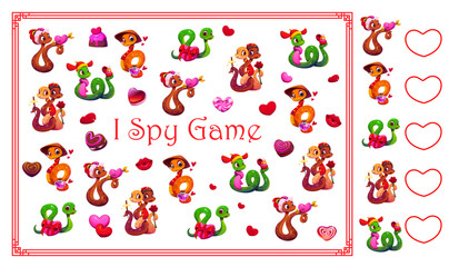 Aufkleber - I spy game worksheet with Valentine day snakes and hearts, vector puzzle quiz. Kids I spy game to find and match same picture of cartoon snake couple with love hearts and wedding rings or gifts