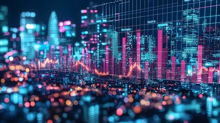 Poster - of a futuristic city skyline at night featuring a vibrant display of colorful data visualization charts and graphs depicting market diversification and financial analytics