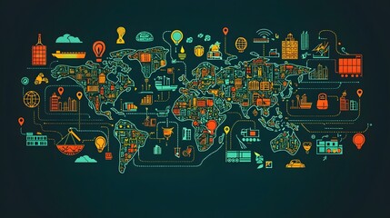 Poster - Vibrant icons and global trade routes illustrate the diverse interconnected nature of international markets commerce and economic activity around the world