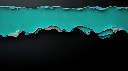 Fototapete - Torn Paper Teal Reveal: A dramatic image featuring a strip of vibrant teal paper dramatically ripped and layered over a deep black background, creating a striking visual contrast and revealing effect.