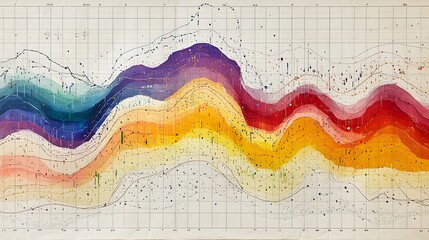 Poster - Abstract data visualization with intersecting colorful line charts and waves representing the concept of market diversification and growth trends