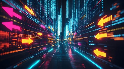 Poster - vibrant neon arrows pointing to various digital market sectors and financial information displayed o