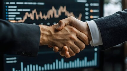 Poster - Successful business partnership or deal sealed with a handshake in front of a digital screen displaying real estate analytics and financial data charts