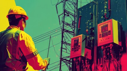 Poster - manual cover for handling high-voltage equipment, featuring bold colors and caution symbols.