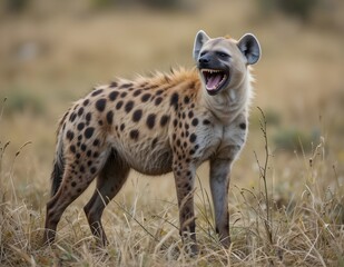 a spotted hyena standing on dry grass, mouth open as if laughing, blurred savanna background.