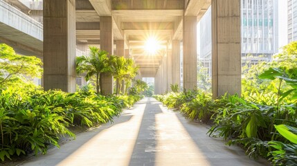 Wall Mural - sunlit pathway under urban overpass
