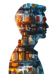 Wall Mural - A man's head is shown in a silhouette of a medicine cabinet. The cabinet is filled with various bottles and jars of pills, some of which are labeled with the word 