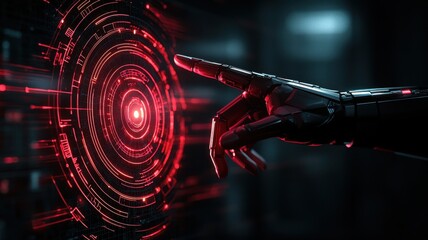 Poster - Futuristic AI Hand Reaching Towards Glowing Digital Interface in Cyber Environment