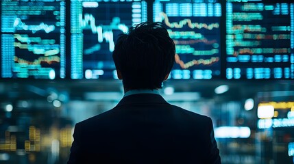 Poster - silhouetted business person or investor standing in front of multiple digital screens displaying flu